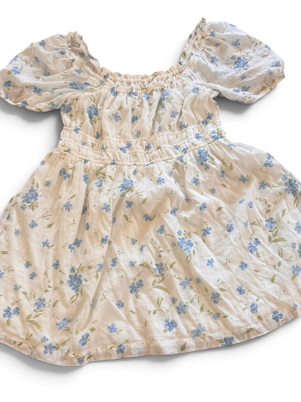 Cream Floral Puff-Sleeve BoHo flowery cottage core Dress with Blue Flowers - Picture 5 of 10
